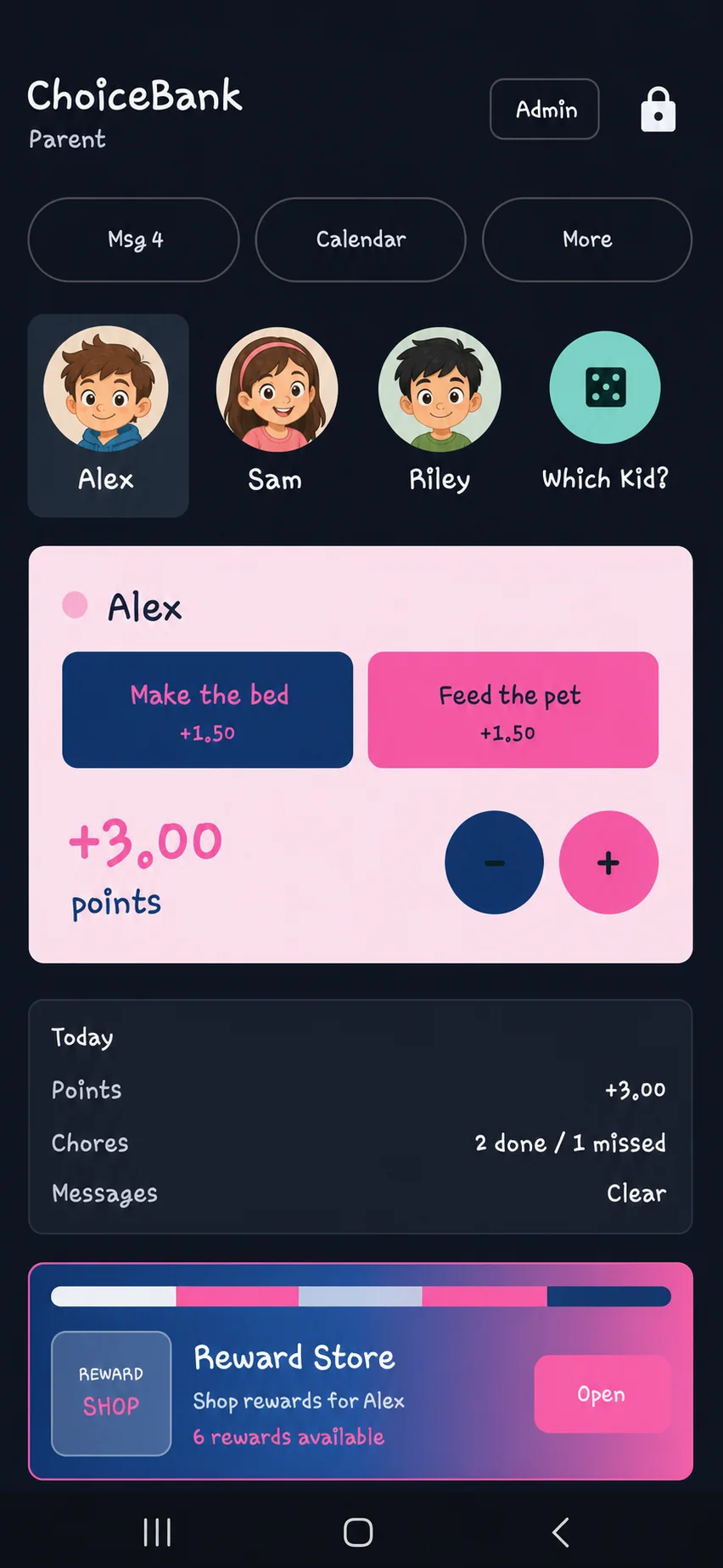 Fictional ChoiceBank Android screen with illustrated demo profiles and sample chores