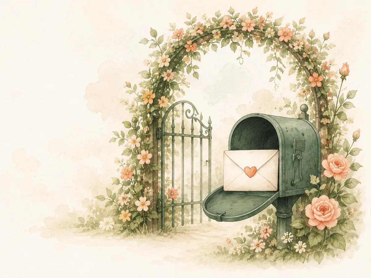 Watercolor garden gate and sage mailbox surrounded by flowers, with a heart-sealed envelope