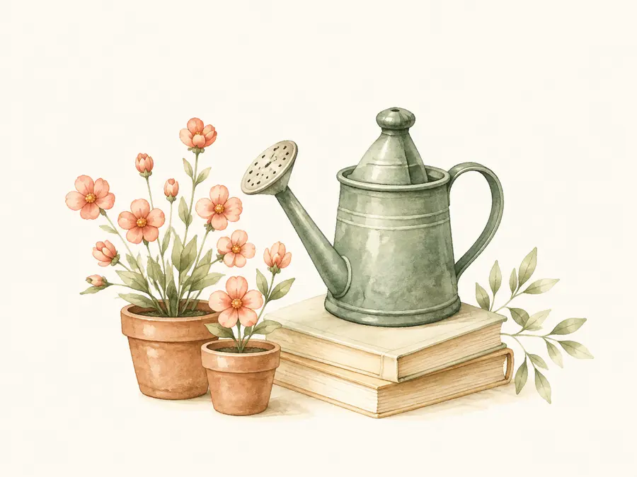 Watercolor watering can, books, and peach flowers